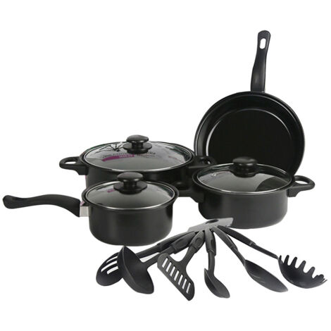 Decdeal – Ensemble d'ustensiles de cuisine antiadhésifs 13 pièces – Marmite en fer – Poêle à ragoût – Poêle à lait – Revêtement en pierre médicale – Noir (1/5)