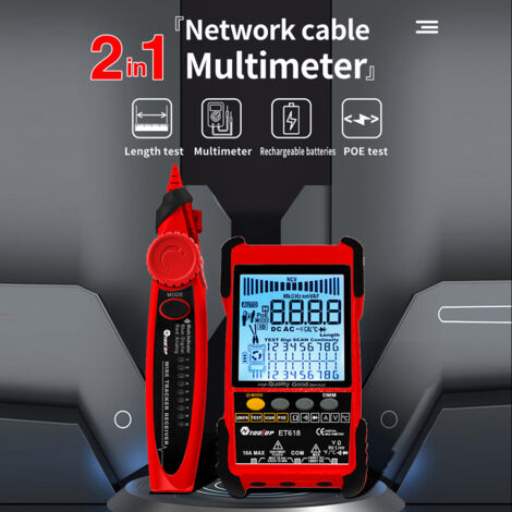 Decdeal Testeur de câbles portable TOOLTOP ET618 avec écran LCD, recherche analogique et numérique, test POE, sensibilité d'appariement, longueur de réseau réglable, mesure de court-circuit ouvert, tr