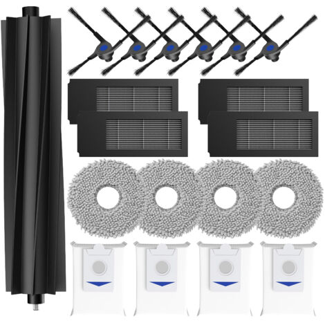 Accessoires pour robot aspirateur : brosse en caoutchouc (x1), brosse latérale noire (x6), filtre noir (x4), filtre gris (x4), sac à poussière (x4) (1/5)