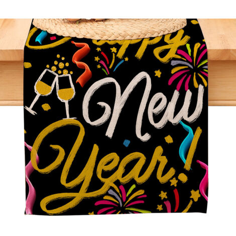 Chemin de table « Bonne année », nappe noire et or à pois et étoiles, décoration pour la maison et la cuisine, ambiance champêtre, linge de table en toile de jute pour les fêtes d'hiver 2026 (1/5)