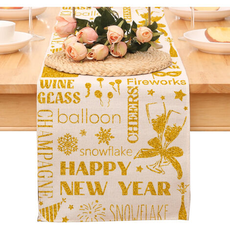 Chemin de table « Bonne année », nappe noire et or à pois et étoiles, décoration pour la maison et la cuisine, ambiance champêtre, linge de table en toile de jute pour les fêtes d'hiver 2026 (1/5)