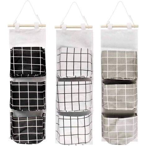 Sacs de rangement muraux pour salon, sacs suspendus à trois poches, boîtes de rangement vertes étanches, sacs de rangement suspendus en coton et lin (1/5)