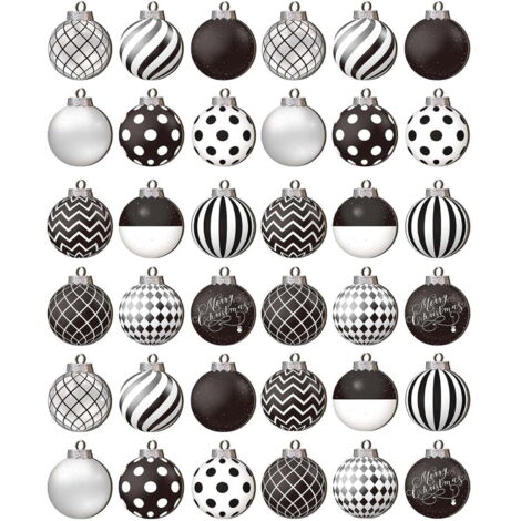 Ensemble de 36 boules de Noël noires et blanches, boules décoratives de 2,5 pouces pour sapin de Noël, 12 styles différents (1/5)
