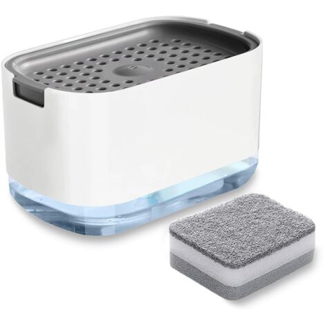 Distributeur de savon de cuisine à pression, distributeur de mousse pour lave-vaisselle, distributeur de liquide vaisselle avec éponge [blanc] (1 pièce) (1/5)