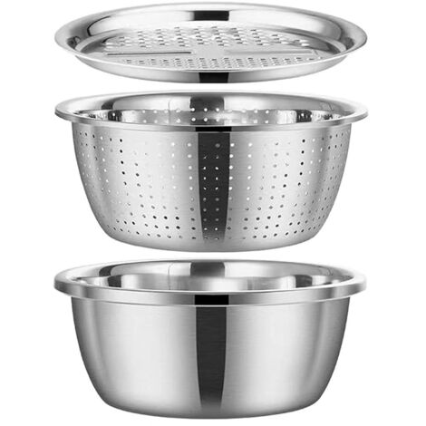 Ensemble de trois ustensiles de cuisine en acier inoxydable : râpe, bol mélangeur et passoire. Multifonctionnel, pour la cuisine. Diamètre : 26 cm. Couleur : argent (1/5)