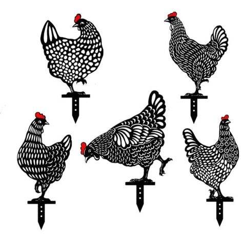 Ensemble de 5 décorations de jardin en forme de poule, poule réaliste, illustration de poulailler, décoration de jardin en carte de poule noire creuse en acrylique simulé, ornement de pelouse extérieu (1/5)