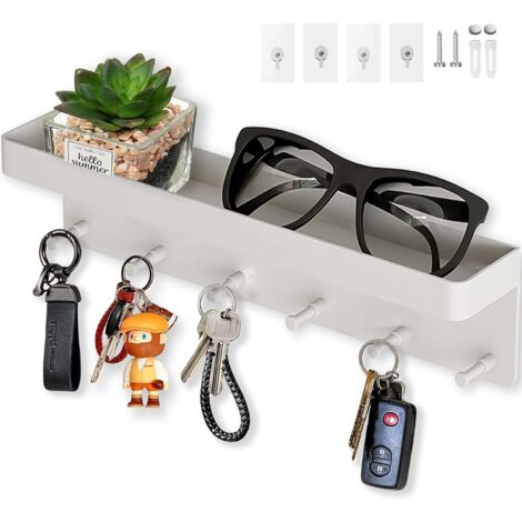 Porte Clef Mural à 6 crochets, 2 Façons D'installer Porte Clé Mural et Porte-Courrier Décoratifs, Accroche Clé Mural pour Entrée, Couloir, Bureau, Blanc (1/5)