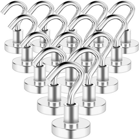 Crochets magnétiques, 15 pièces crochets magnétiques extra puissants 10 kg aimants néodyme super puissants avec crochets, crochets aimants néodyme 16 mm pour cuisine, crochets magnétiques argent (1/5)