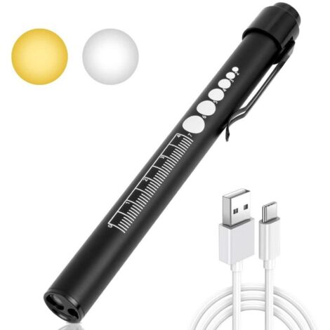 Stylo Infirmiere, Rechargeable LED Stylo Lampe Médicale, Lumière Chaude et Blanche, Stylo Lampe Médicale, Lampe Diagnostic avec Jauge de Pupille et Clip pour Infirmières Médecins EMT