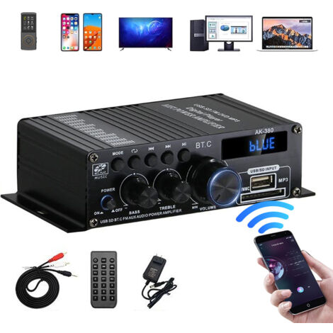 Amplificateur de Puissance Audio Stéréo Récepteur Bluetooth 5.0 Amplificateur Audio sans Fil 40Wx40W avec LED Support USB SD RCA AUX BT Entrée avec Alimentation pour Téléphone MP3 AV