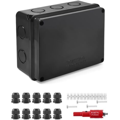 Boîte de Jonction IP65 en Saillie 15x11x7cm Boîte de Jonction Étanche Exterieur en Saillie Jardin Pièce Humide en Saillie Boite de Derivation Electrique M20 pour Câble Ø6-12 MM -10 Voies- Noir (1/5)