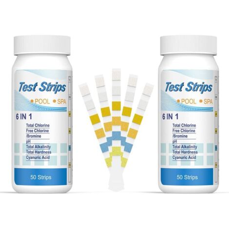 6 en 1 Bandelettes Piscine Brome Spa, Languettes Ph Piscine Bandes Test Qualité d'eau sur Chlore Brome Alcalinité Acide Cyanurique Dureté du Liquide Testeur Générale (100pcs)