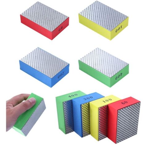 Lot de 4 tampons de polissage diamant à la main, blocs de ponçage pour pierre, céramique, carrelage, verre, 4 niveaux de rugosité – 60 100 200 400 (côté argenté)
