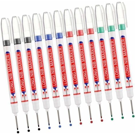 Marqueurs Trou Profond, 12pcs Marqueur Charpentier, Stylo Marqueur Indélébile à Pointe Longue de 20 mm, Marqueur de Precision Chantier (Noir Bleu Rouge Vert) (1/5)