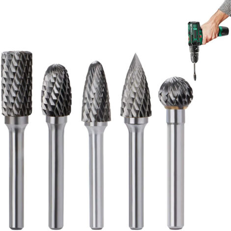5 Pcs Fraises Double Coupe Rotatives Carbure de Tungstène Die Grinder Bit 6mm Tige Cylindrique de Gravure Rotatif Burres Pour Travail du Bois, Métal Polissage, Gravure, Perçage (1/5)