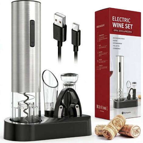 Tire-bouchon électrique, ensemble ouvre-bouteille de vin, ouvre-bouteille automatique, tire-bouchon à vin avec coupe-capsule, idée cadeau 6-en-1 ouvre-bouteille de vin, câble USB, pompe à vide et