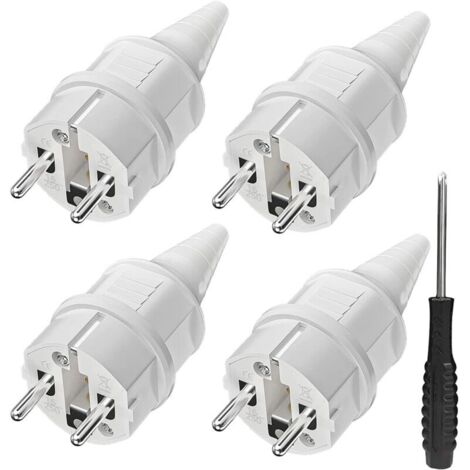Fiche Schuko avec protection contre le pliage [4 pièces], 4 x fiches de contact de terre en caoutchouc (250 V/16 A) + 1 x tournevis, fiche de prise extérieure, fiche secteur IP44 étanche pour l'extéri (1/5)