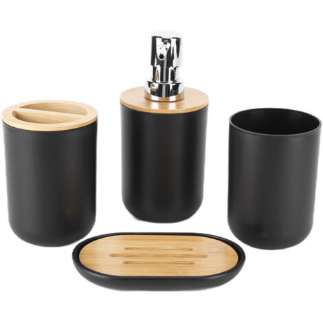 Ensemble d'accessoires de salle de bain en bambou, 4 pièces, étanche, Durable, cadeau, tasse de brosse à dents, pour la maison, l'htel, noir (1/5)