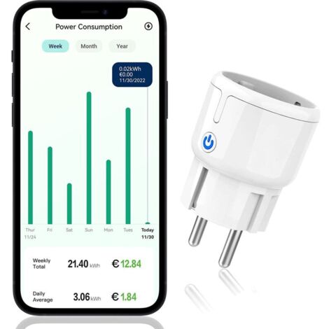 Prise WLAN avec mesure de la puissance, prise WiFi, design mini, consommation d'énergie, mesure et compteur de coût énergétique, contrôle vocal avec Alexa & Google Assistant Minuterie / Programme App (1/5)