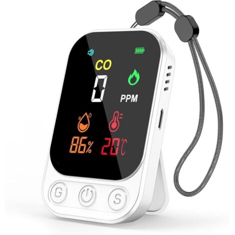 Détecteur de Monoxyde de Carbone 3-en-1 - Détecteur CO, Température et Humidité avec Alarme de 80 DB, Rechargeable, Portable, Support et Trou de Fixation pour Maison, Voyage et Bureau (1/5)
