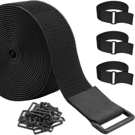 Attaches de câble réutilisables de 3.8 cm x 5 m avec 20 boucles, sangles réglables et robustes pour ranger les câbles, organiser des articles, attaches d'extérieur Noir (1/5)