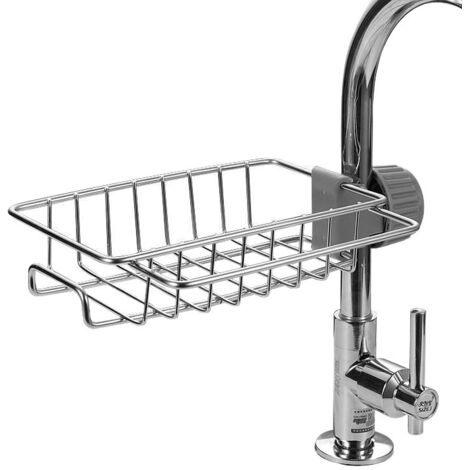 Spülbeckenkorb, über dem Wasserhahnregal für die Küchenspüle – abnehmbarer, hängender Wasserhahn-Abtropfkorb aus Edelstahl für Badezimmer, Schrubber, Seife, Geschirr
