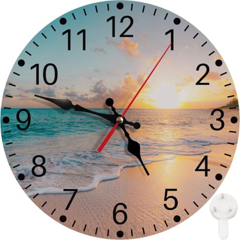 Runde Wanduhr, geräuschlos, tickt nicht, batteriebetrieben, 25,4 cm, Meeresstrand, blauer Himmel, Sand, Heimdekoration für Wohnzimmer, Küche, Schlafzimmer und Büro (1/5)
