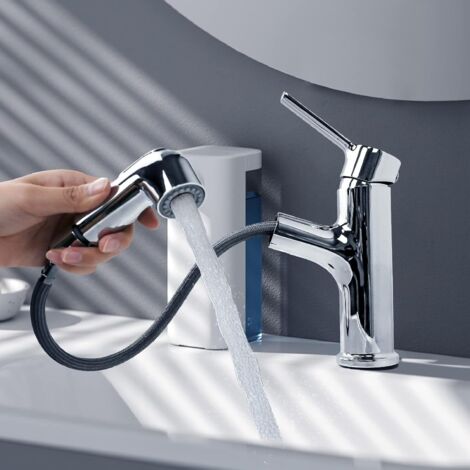 Rubinetto per lavabo con doccia estraibile, miscelatore monocomando con 2 tipi di getto d'acqua, rubinetto per bagno (1/5)