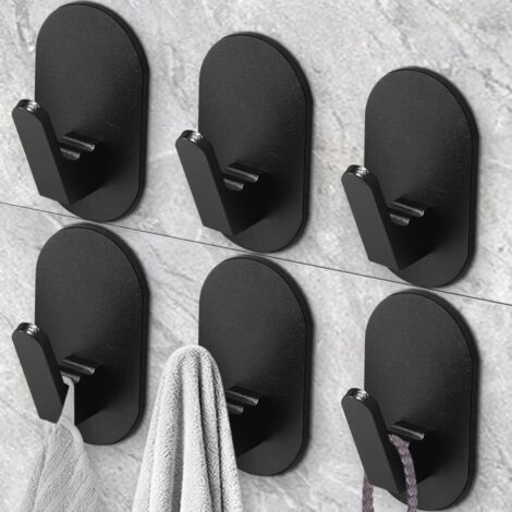 Ganci per asciugamani da appendere, resistenti, da attaccare su piastrelle, porte in vetro, specchi, per bagno e cucina, senza bisogno di attrezzi, ganci per accappatoio neri opachi (confezione da 6) (1/5)