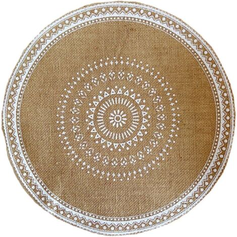 Mantel individual redondo de yute tejido con flecos de 38 cm, estampado natural, resistente al calor, antideslizante, para cocina, protección del medio ambiente. (1/5)