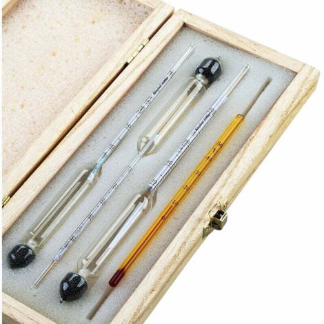 Báscula de alcohol profesional: juego de 3 hidrómetros con escala 0-100% + termómetro para medir el contenido de alcohol de brandy, whisky, vodka, coñac y más. (1/5)
