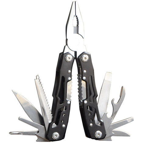 Alicates multifunción, navaja suiza de bolsillo 14 en 1, con 11 puntas de destornillador y mango ergonómico, color negro.