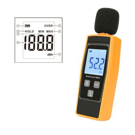 Medidor de decibelios, medidor portátil de nivel de presión sonora (SPL), medidor digital de ruido, rango de 30 a 130 dB(A), medidor de volumen, comprobador de sonido (batería incluida), amarillo (1/5)