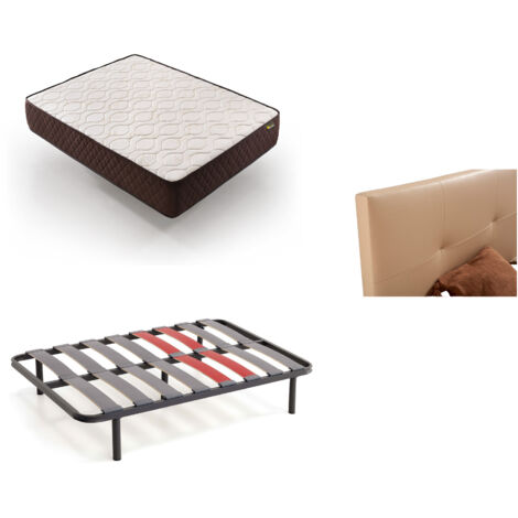 Pack Colchón + Cabecero Tapizado + Somier Descansin 90x190 Beis Ideal para Personas con Dolores de Espalda Facil montaje Silencioso (1/5)