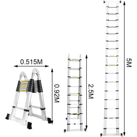 Randaco Teleskopleiter Silber Aluminium Klappbar Multifunktionsleiter Anlegeleiter 2.5M+2.5M Mehrzweckleiter Fingerklemmschutz Auszeihleiter Klappbar Aluminiumleiter Antirutsch bis 150 KG