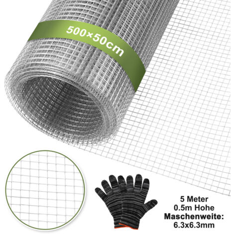 Randaco Volierendraht 6,3 mm Maschendrahtzaun 50 cm x 5 m verzinkt Drahtgitter Vogeldraht mit Handschuhen