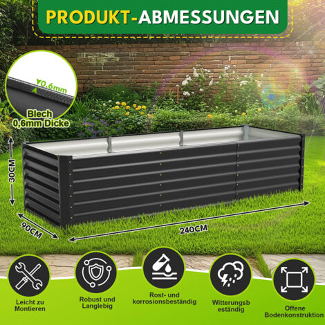 Randaco XXL Hochbeet aus Metall 240x90x60cm Garten Verzinkt, Stabiles Gemüsebeet Wetterfest & Rostfrei, Hochpflanzbeet mit Kantenschutz für Kräuter, Bodenlos, Grün