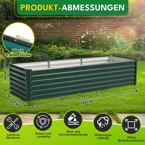 Randaco XXL Hochbeet aus Metall 240x90x60cm Garten Verzinkt, Stabiles Gemüsebeet Wetterfest & Rostfrei, Hochpflanzbeet mit Kantenschutz für Kräuter, Bodenlos, Schwarz