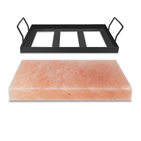 Randaco Piedra de sal del Himalaya con soporte 30 x 20 x 3 cm Piedra para barbacoa Barbacoa de gas Filete Pescado Bandeja para servir Natural