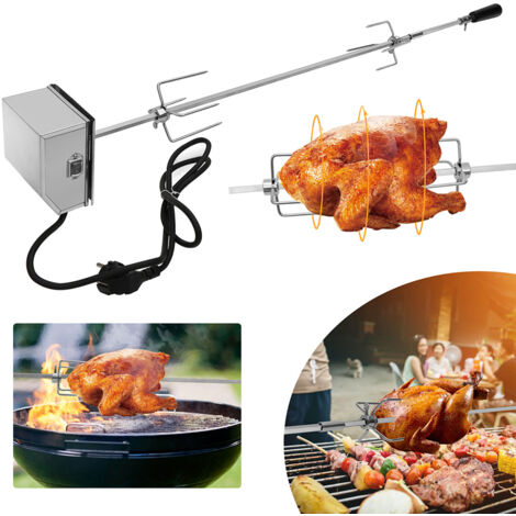 Randaco Kit asador giratorio eléctrico 107 cm para barbacoa de gas, carbón o ahumador, acero inoxidable, 2 tenedores, rotación 2 rpm