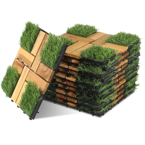 Randaco Lote de 11 baldosas de madera para terraza con césped sintético, 1 m², 30 x 30 cm, baldosas encajables