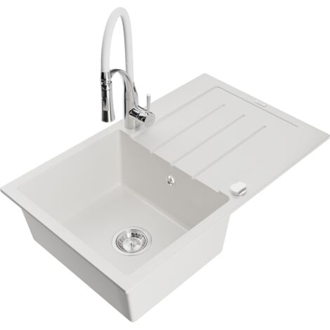 Mexen Bruno fregadero de granito de 1 seno con escurridor y grifo de cocina Aster, blanco - 6513-20-73450-02 (1/5)