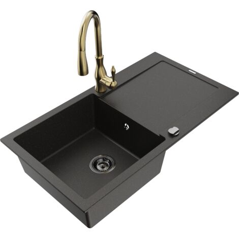 Mexen Leo fregadero de granito de 1 seno con escurridor y grifo de cocina Savita, negro/dorado met谩lico - 6501-75-672601-50-B