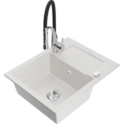Mexen Enzo fregadero de granito de 1 cubeta con escurridor y grifo de cocina Aster, blanco - 6506-20-73450-07 (1/5)