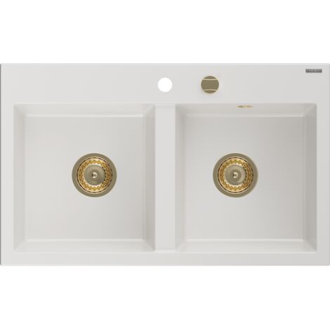 Mexen Hektor fregadero de granito de 2 senos 800 x 480 mm, blanco, sif贸n dorado - 6521802000-20-G