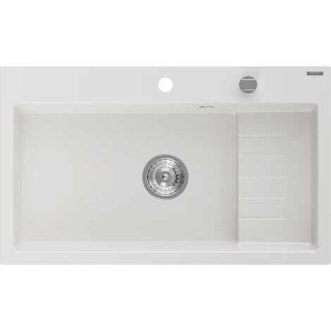 Mexen Omar fregadero de cocina de granito 1-c谩mara 800 x 480 mm, blanco, sif贸n cromado - 6520801005-20