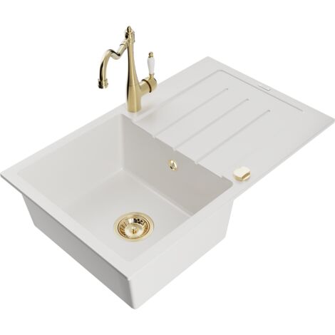 Mexen Bruno fregadero de granito de 1 cubeta con escurridor y grifo de cocina Carla, blanco - 6513-20-670700-50 (1/5)
