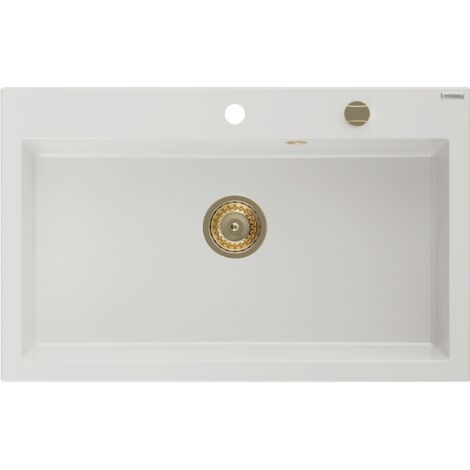 Mexen Elix fregadero de cocina de granito de 1 seno 800 x 500 mm, blanco, sif贸n dorado - 6527801005-20-G