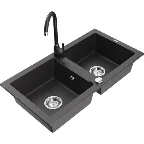 Mexen Mario fregadero de granito de 2 senos con grifo de cocina Telma, negro moteado - 6504-76-670200-70