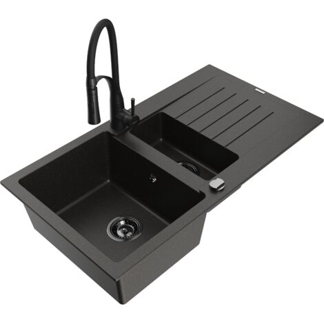 Mexen Matias fregadero de granito de 1,5 senos con escurridor y grifo de cocina Aster, negro/dorado met谩lico (1/5)